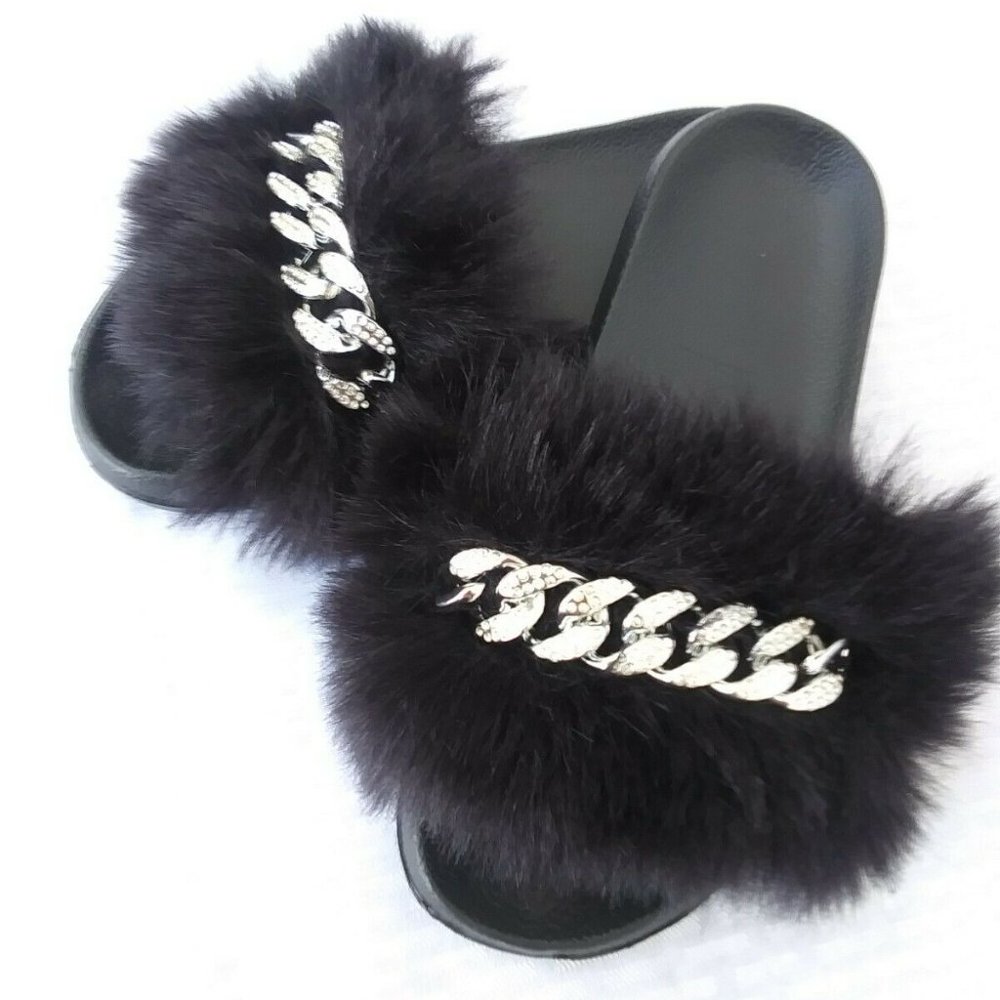 Black Faux Fur Slides/Slippers/With Chain